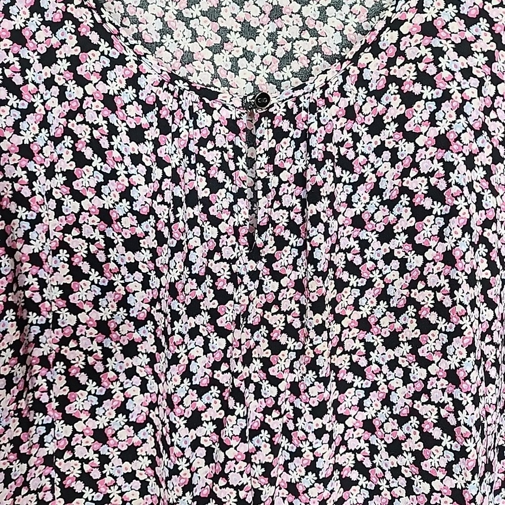 Talbots Top XL Floral Short Sleeve Blouse Keyhole Boho Crew Neck Pink Black - Picture 12 of 13